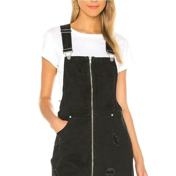 Superdown Revolve Black Denim Ripped Distressed Overall Mini Dress Zip Front S - Picture 5 of 15